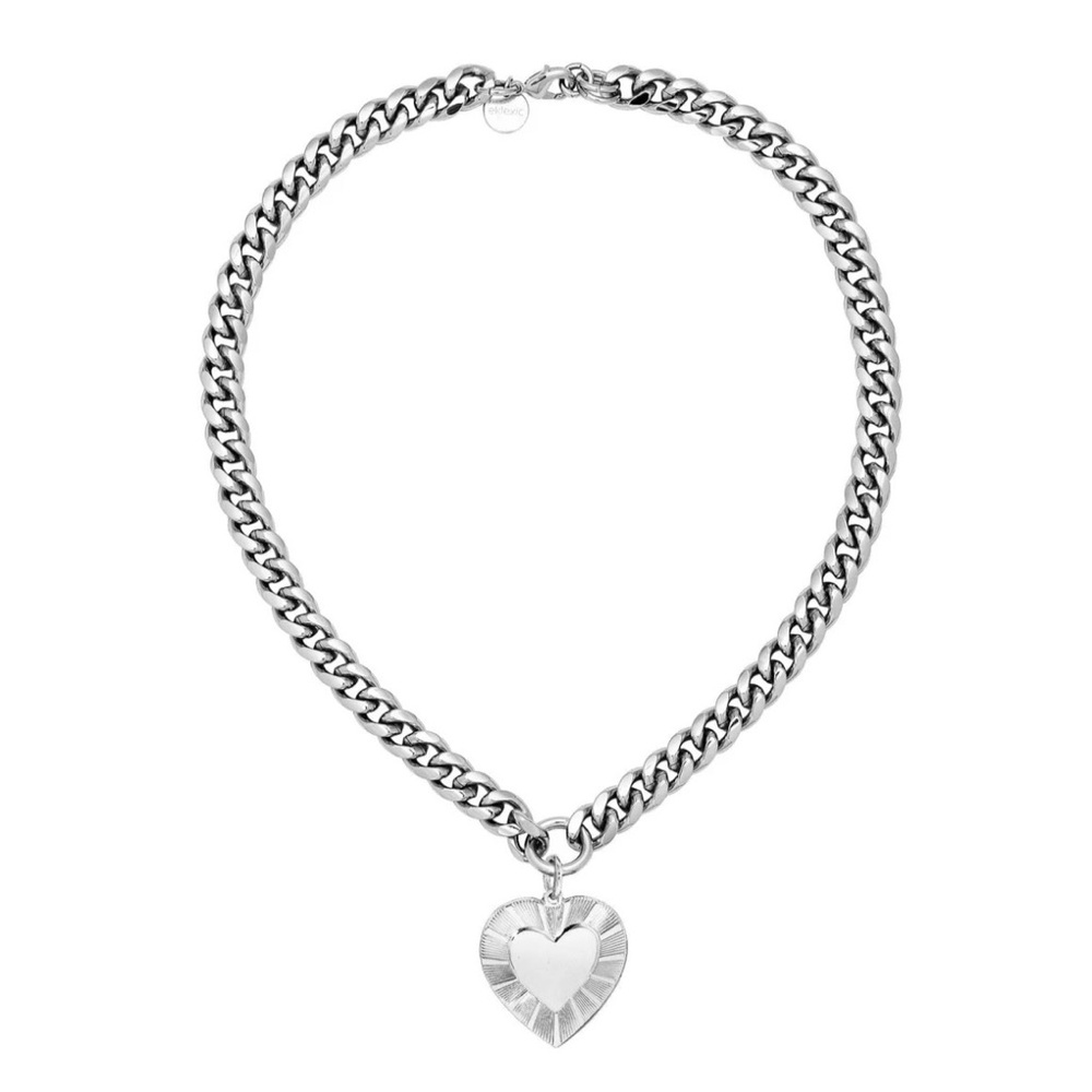 Eklexic Curb Chain And Heart Pendant Necklace Rodium Plated 18” Modernist City